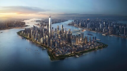 Aerial view of Lower Manhattan's skyline at sunrise.