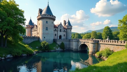 Moat and drawbridge in front of the castle walls, fortification, defensive