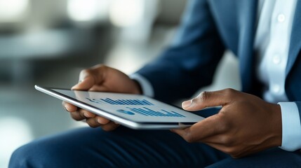 Fototapeta premium Man reviews data graphs on tablet, sitting in a bright, blurred office space
