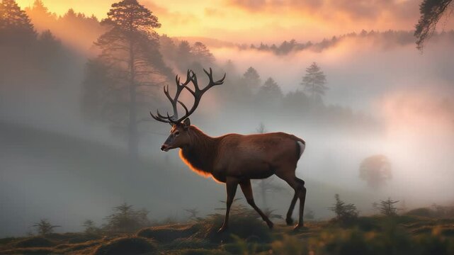 Stunning forest scenery at dawn with mist and a red deer stag