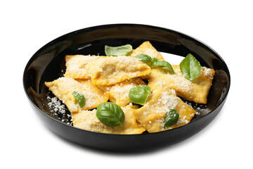 Delicious ravioli with parmesan cheese and basil isolated on white