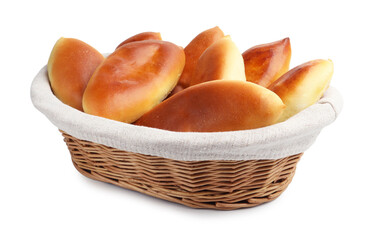 Many tasty baked patties isolated on white