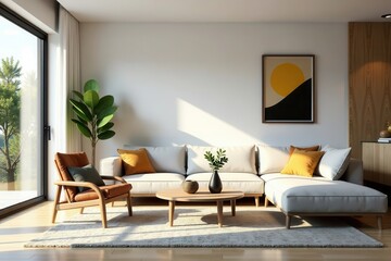 Fototapeta premium Modern living room with natural wood accents and a geometric patterned rug, modern sofa, clean architecture