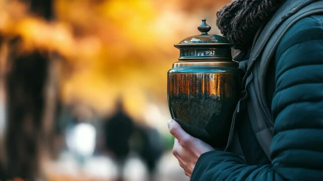 Person holding an urn in a serene autumn park setting  