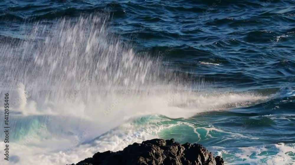 Poster dynamic ocean waves crashing on rocky shoreline with splashes and mist in motion