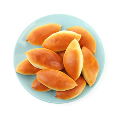 Many tasty baked patties isolated on white, top view