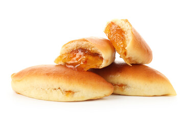 Tasty baked patties with orange jam isolated on white