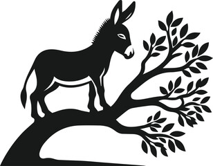 Vector silhouette of a donkey with forest tree