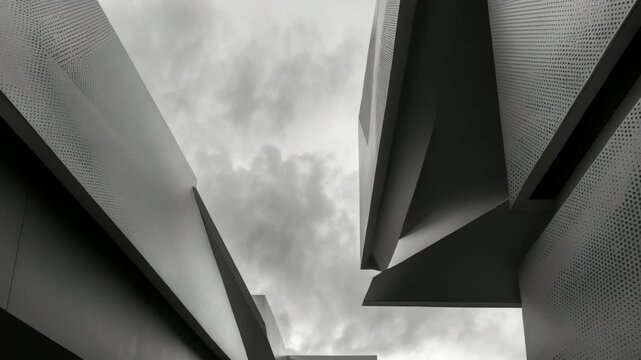 Monochrome shades, Exterior architectural features of perforated cladding on contemporary structures. Abstract cityscape backdrop.