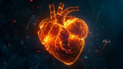 Fiery orange heart shaped particles against dark blue background, digital art, abstract medical illustration.