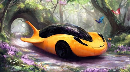 Fantastic, futuristic vehicle in a whimsical forest setting.