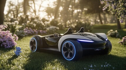 Modern electric go-kart in a sunlit garden setting.
