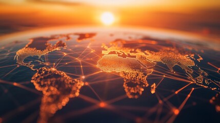 Global network connections at sunset, orange and red hues, detailed world map, illuminated lines, digital network concept, worldwide communication, fiery sunset backdrop, technology and earth. 