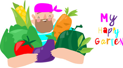Cartoon Farmer holding Big Vegetables. Vector Illustration