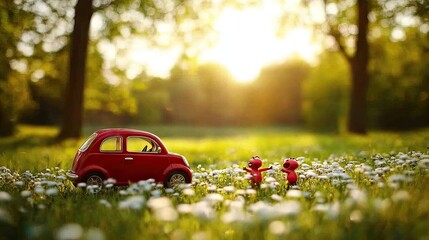 Miniature red car in a sunlit meadow with tiny figures.