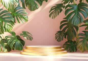 Obraz premium Three gold tiered display podiums set against a pale pink background, surrounded by lush green tropical monstera leaves in sunlight.