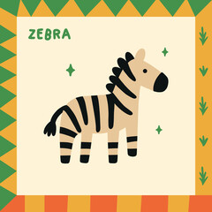 Cartoon zebra illustration in African retro style – Cute jungle animal for kids and nursery decor. Decor of wallpaper, walls, print and postcards © Anka F.
