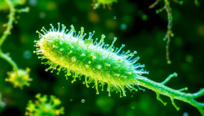 Fototapeta premium Microscopic green bacteria with hair like structures, showcasing intricate details and vibrant