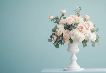 Fototapeta premium Elegant arrangement of peach and white roses, hydrangeas, and eucalyptus in a white urn against a light teal background.