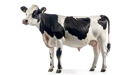 Dairy cow standing, side view isolated on white background