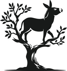 Vector silhouette of a donkey with forest tree