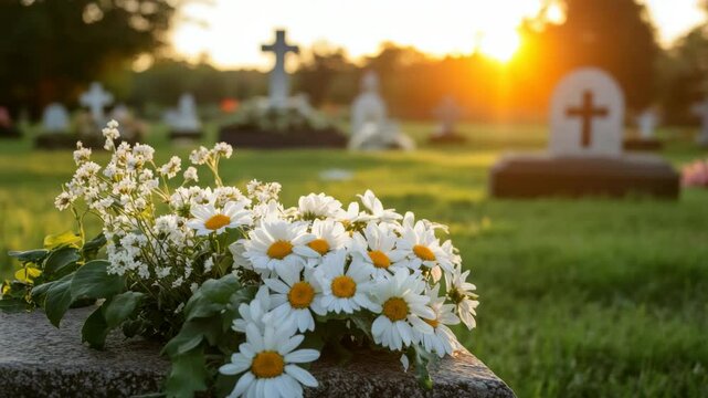 Flowers in a cemetery at sunset with gravestones in background  