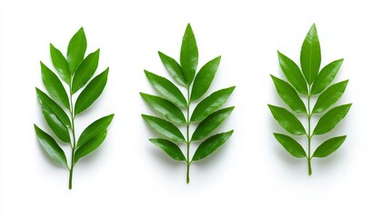 Obraz premium Three vibrant green leaves arranged in a row against a clean white background. The leaves are similar in shape and size, creating a symmetrical and visually appealing image.