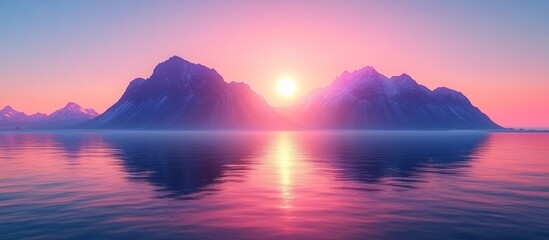 Sunset mountainscape, calm sea, pink sky, desktop