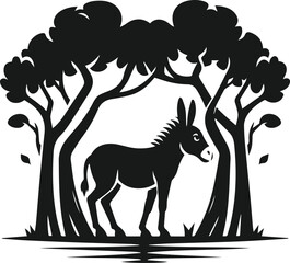 Vector silhouette of a donkey with forest tree