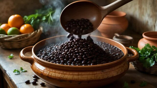 Tasty pot of black beans. The traditional dish known as feijoada consists of black beans.