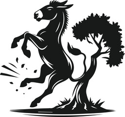 Vector silhouette of a donkey with forest tree