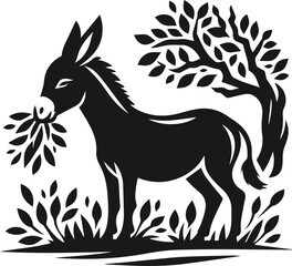Vector silhouette of a donkey with forest tree