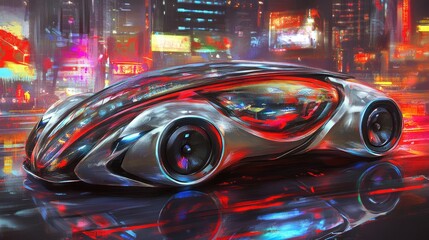 Futuristic vehicle in a vibrant, neon-lit city.
