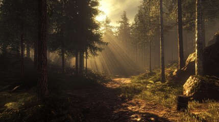 Sunbeams Illuminating a Misty Forest Path
