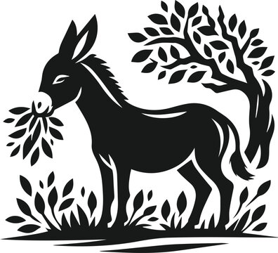 black donkey eating leaves near tree clip art preview