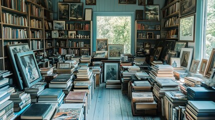 Fototapeta premium Bookshelves filled with art, books, and a window view