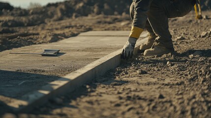 Construction worker preparing a concrete foundation at a site. Featuring focus and preparation