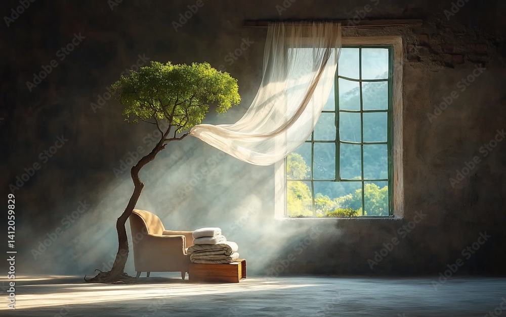 Poster Tranquil room with a small tree and a comfy armchair by a large window