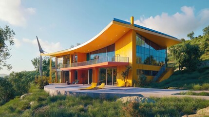 Vibrant yellow and orange contemporary house on a hillside.
