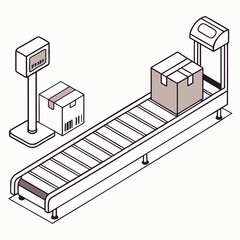 Isometric Illustration Of Parcels On Conveyor Belt With Weighing Machine And Scanner