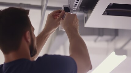 Technician testing air quality sensors during building installation. Featuring technology and monitoring