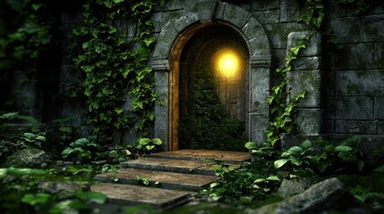Fototapeta premium Ancient overgrown doorway, mystical light, stone walls, lush foliage