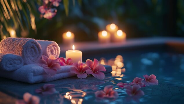 Relaxing spa setting by the pool at twilight.  Soft lighting and fresh flowers surround rolled towels and candles