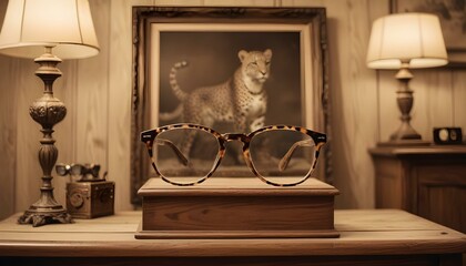 Stylish leopard-framed glasses on a wooden podium. Glasses sale.