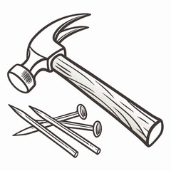 Hand Drawn Illustration Of A Claw Hammer And Nails On White Background