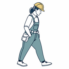 Female Construction Worker Walking Isolated On White Background Flat Vector Illustration