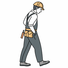 Construction Worker Walking Isolated Minimalist Line Art Style Illustration Vector Graphics