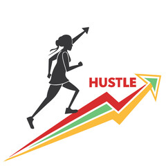 Woman Silhouette Runs On Upward Trending Arrow Toward Success And Hustle