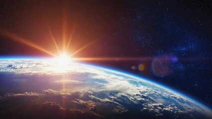 Planet Earth from orbit during sunrise or sunset.