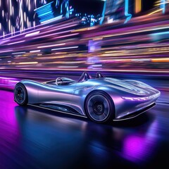 Futuristic sports car speeds through a vibrant city at night.